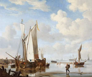 Ein Wijdschip und eine Kaag in einer Bucht nahe einer Seemauer